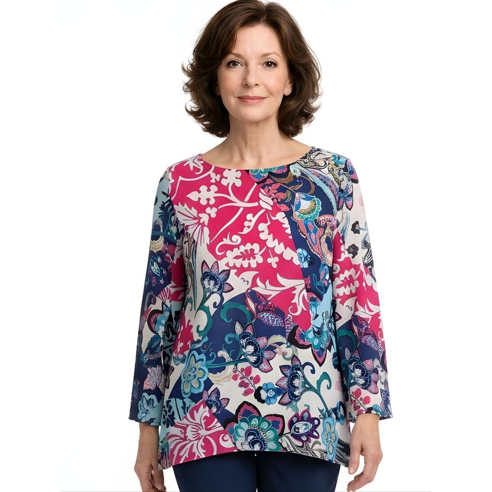 Chico's Bright Floral Split Bell Sleeve Chiffon Blouse Size 2/L